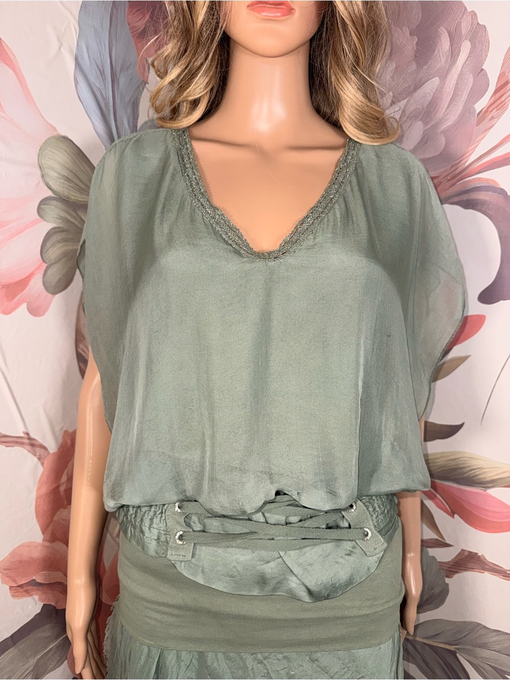 Made in Italy Silk Light Sage Tiered Maxi Skirt & Blouse Women's - Small/Medium - Picture 3 of 7